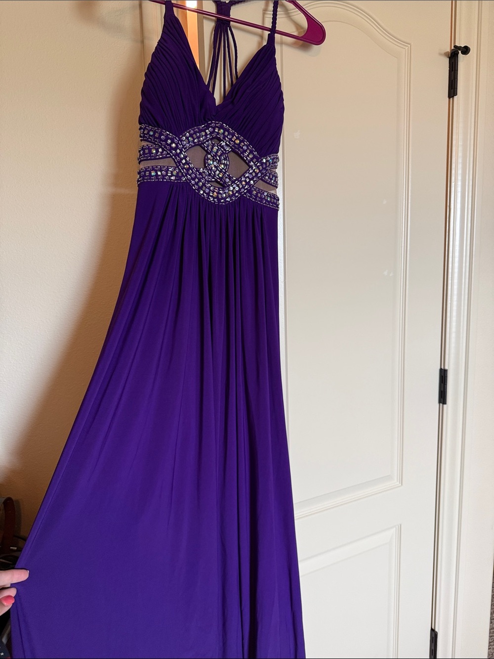 Strappy Purple Beaded Empire Waist Prom Dress